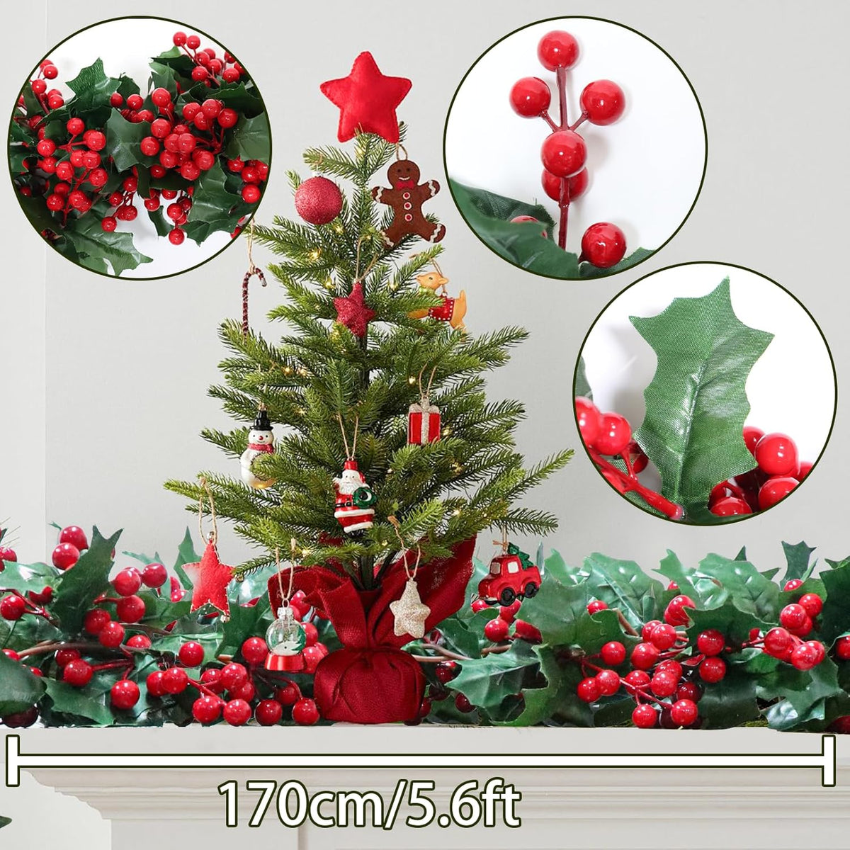 Uguisu 5.6ft Red Artificial Christmas Garland,Eucalyptus Green Garland with Berry Flower