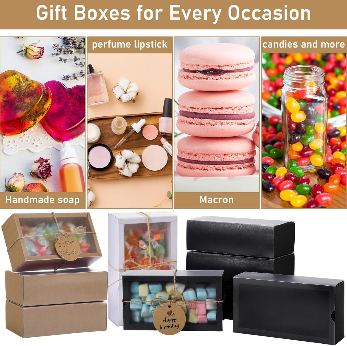 Roowest 50 Sets Kraft Soap Boxes Rectangle Packaging Box with Window Homemade Gift Box with Blank
