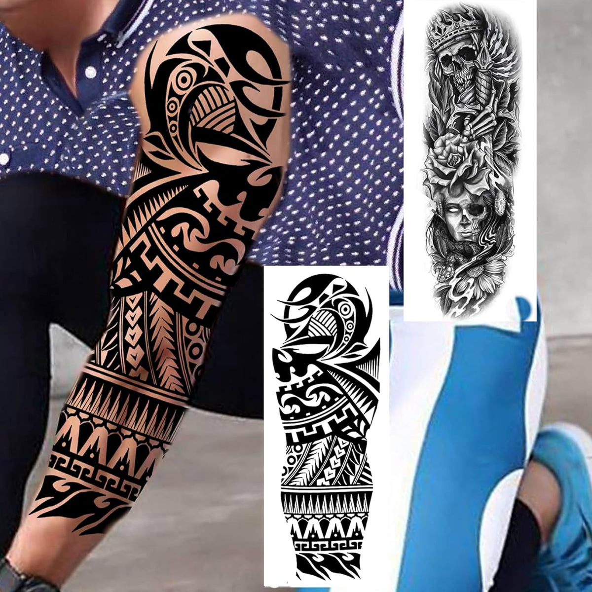 20 Sheets Black Tribal Wolf Tiger Lion Temporary Tattoo Sleeve For Men Adults, 3D Halloween Prison