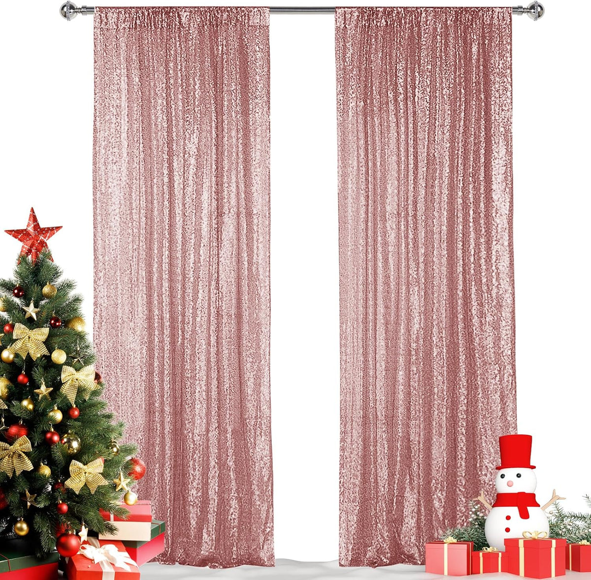 Hahuho Rose Gold Sequin Backdrop Curtain, 2PCS 2FTx8FT Glitter Backdrop Curtain for Parties