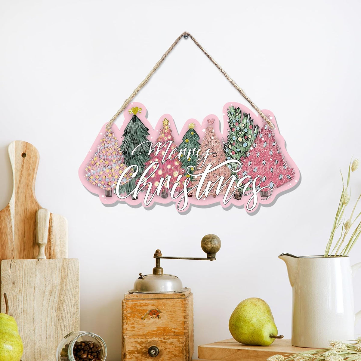 CGBHW Pink and Green Christmas Tree Wooden Sign, Merry Christmas Decoration Hanging Sign Wall