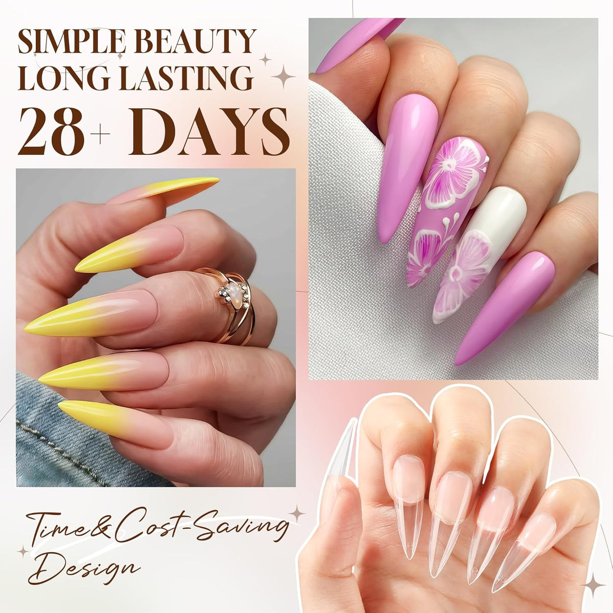 UNA GELLA Clear Stiletto Fake Nails - 216pcs Extra Long Full Cover Gel Nail Tips - 12 Sizes for