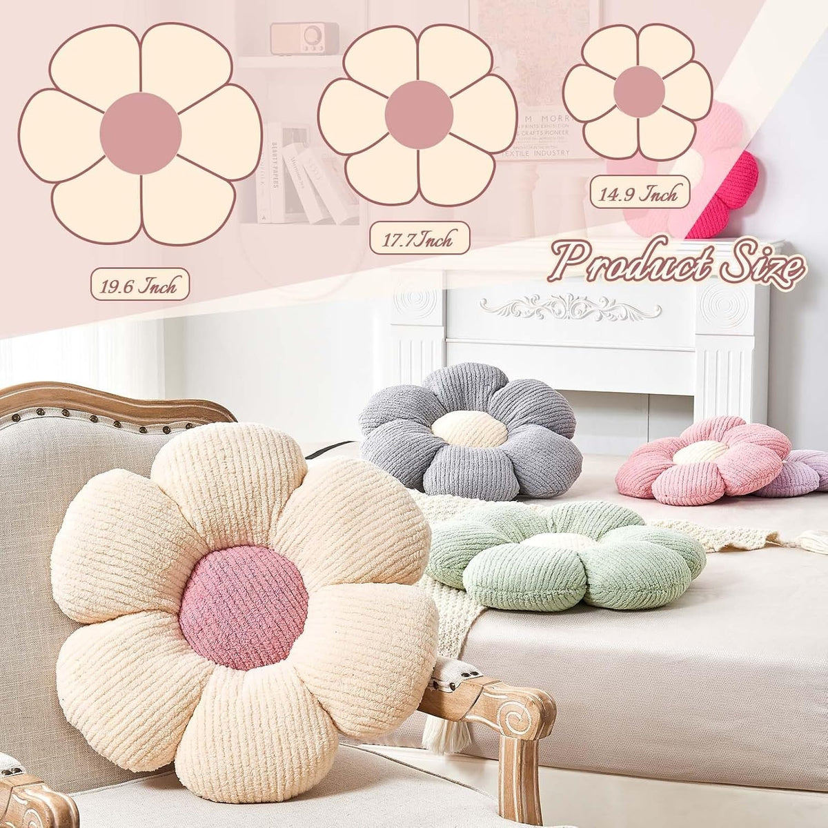 Flower Throw Pillow, Soft Hot Pink 19.6" Shaped Floor Pillow for Home Decor, Cute Aesthetic Plush