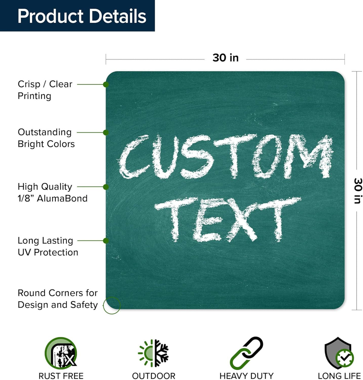 Custom Sign, Custom Street Sign, 11 Font Colors, 13 Font Styles, 4 Hole Options, 22 Sizes, 30x30