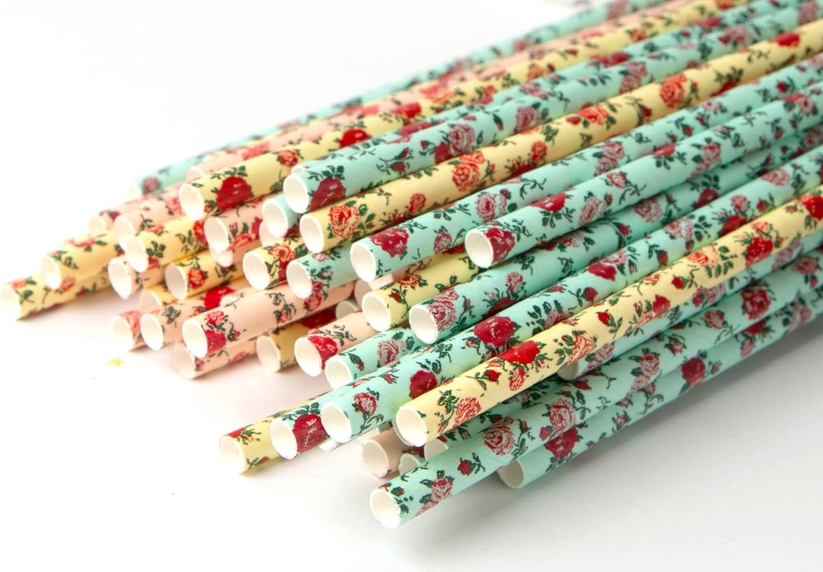 75-Pack Eco-Friendly Biodegradable Paper Straws - Vintage Rose & Floral Design in Pink, Blue