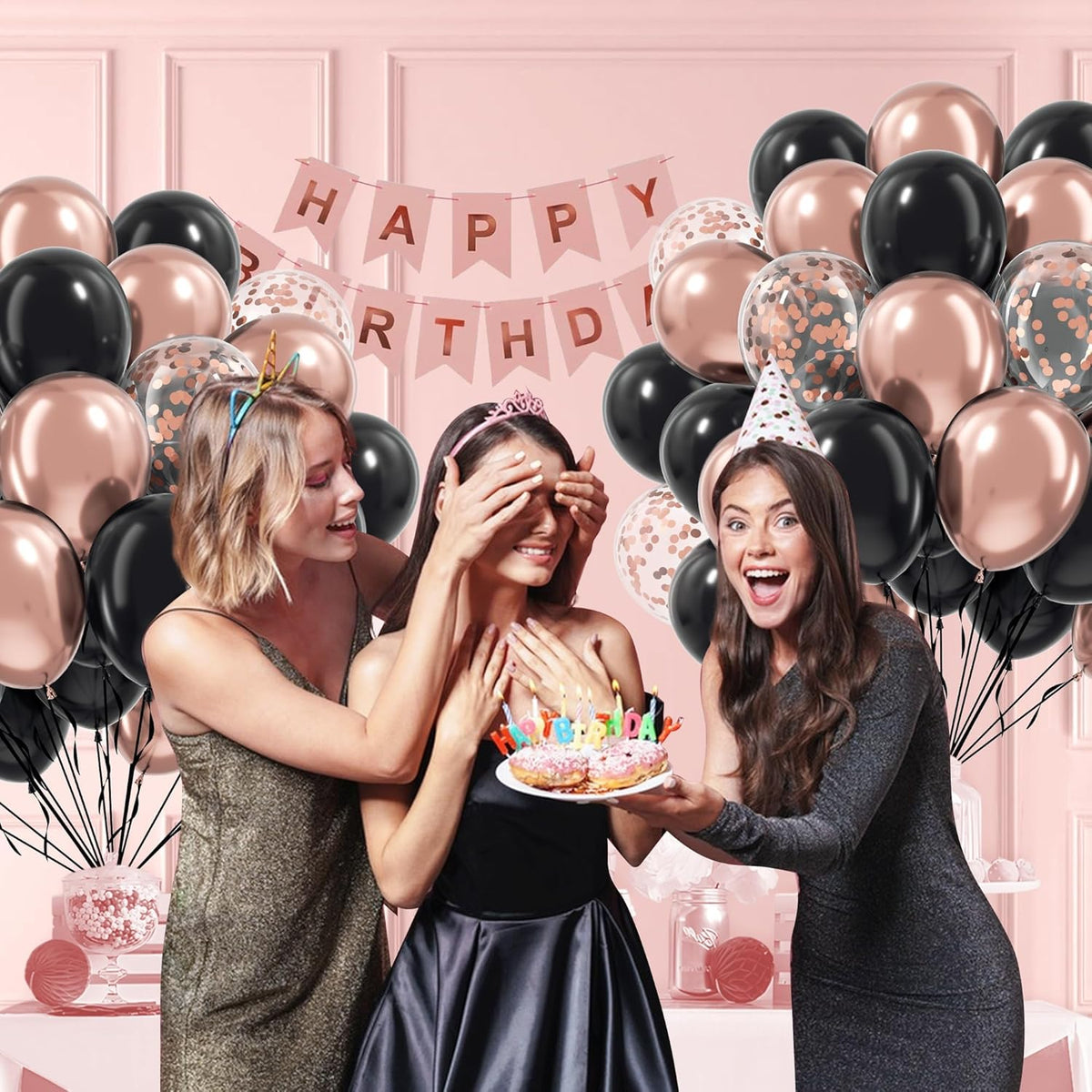 60pcs Rose Gold and Black Balloons 12inch with Rose Gold Confetti Balloons for Wedding Graduation