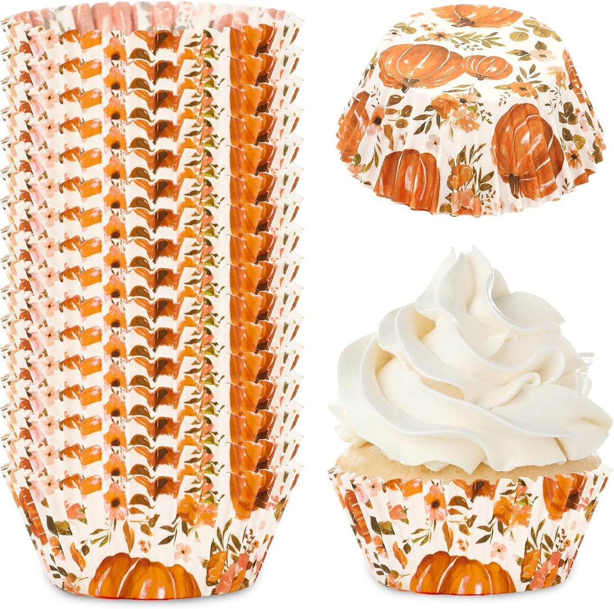 Whaline 300Pcs Fall Cupcake Liners Watercolor Pumpkin Flower Paper Baking Cups Autumn Floral Muffin