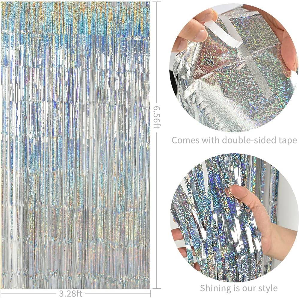 TONIFUL 3Pcs Laser Silver Door Streamers,Laser Silver Photo Booth Backdrop Metallic Streamers Foil