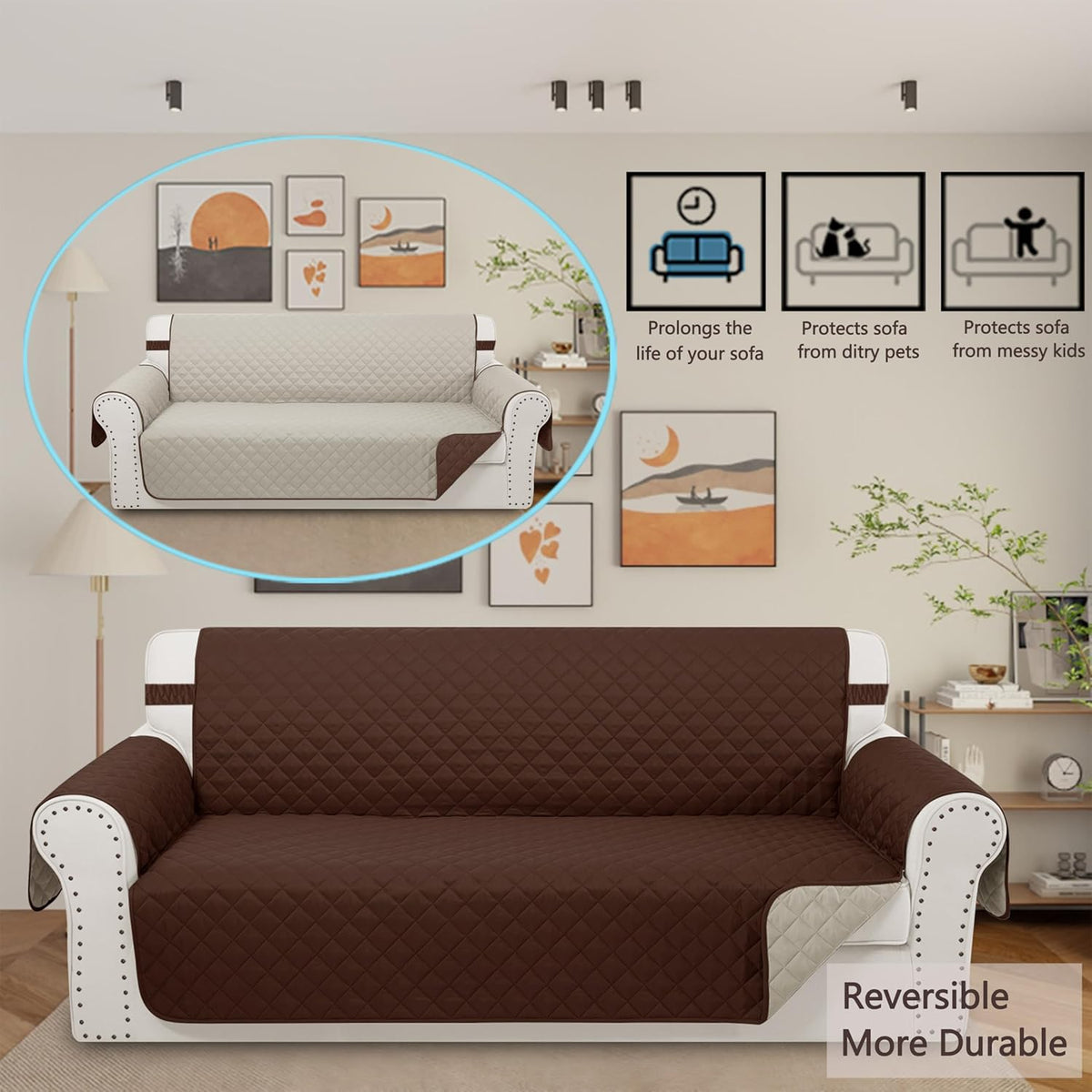 Reversible Sofa Covers Couch Cover Furniture Protector for Dogs Elastic Straps Water