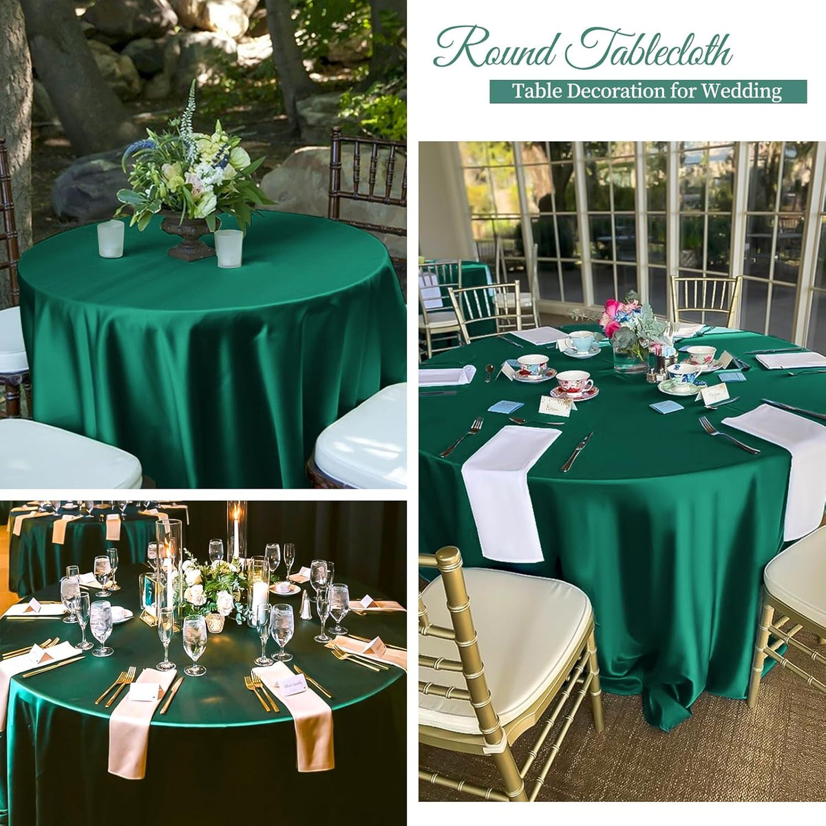 6 Pack 120 Inch Hunter Green Satin Tablecloth - Premium Bright Silky Round Tablecloth Overlay