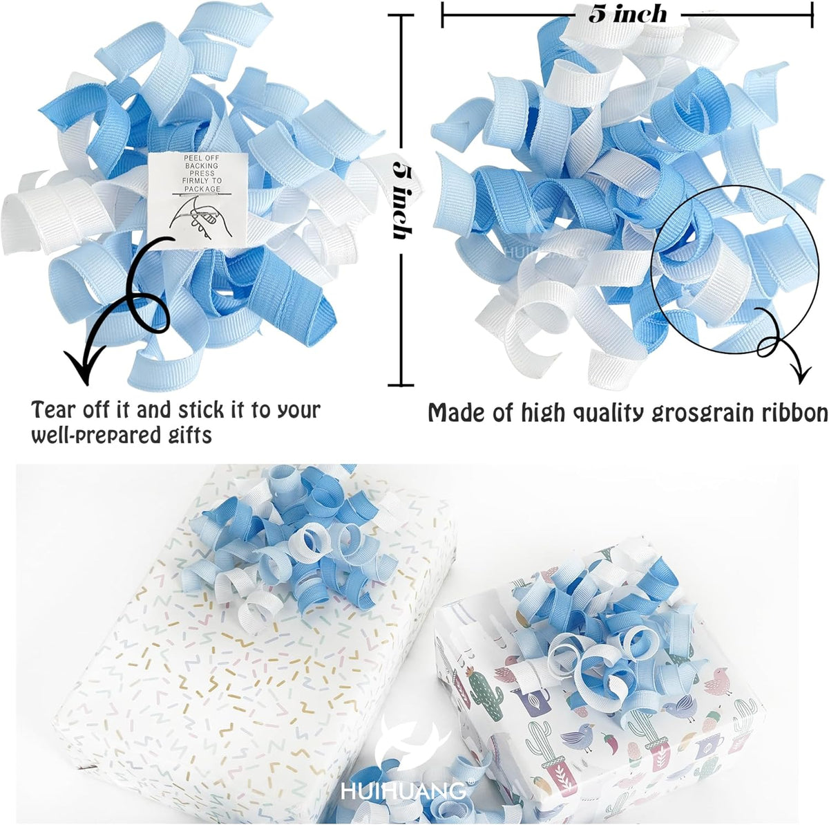 HUIHUANG Baby Boy Shower Gift Bows Blue and White Curly Ribbon Bows Self Adhesive Burst Gift Bow