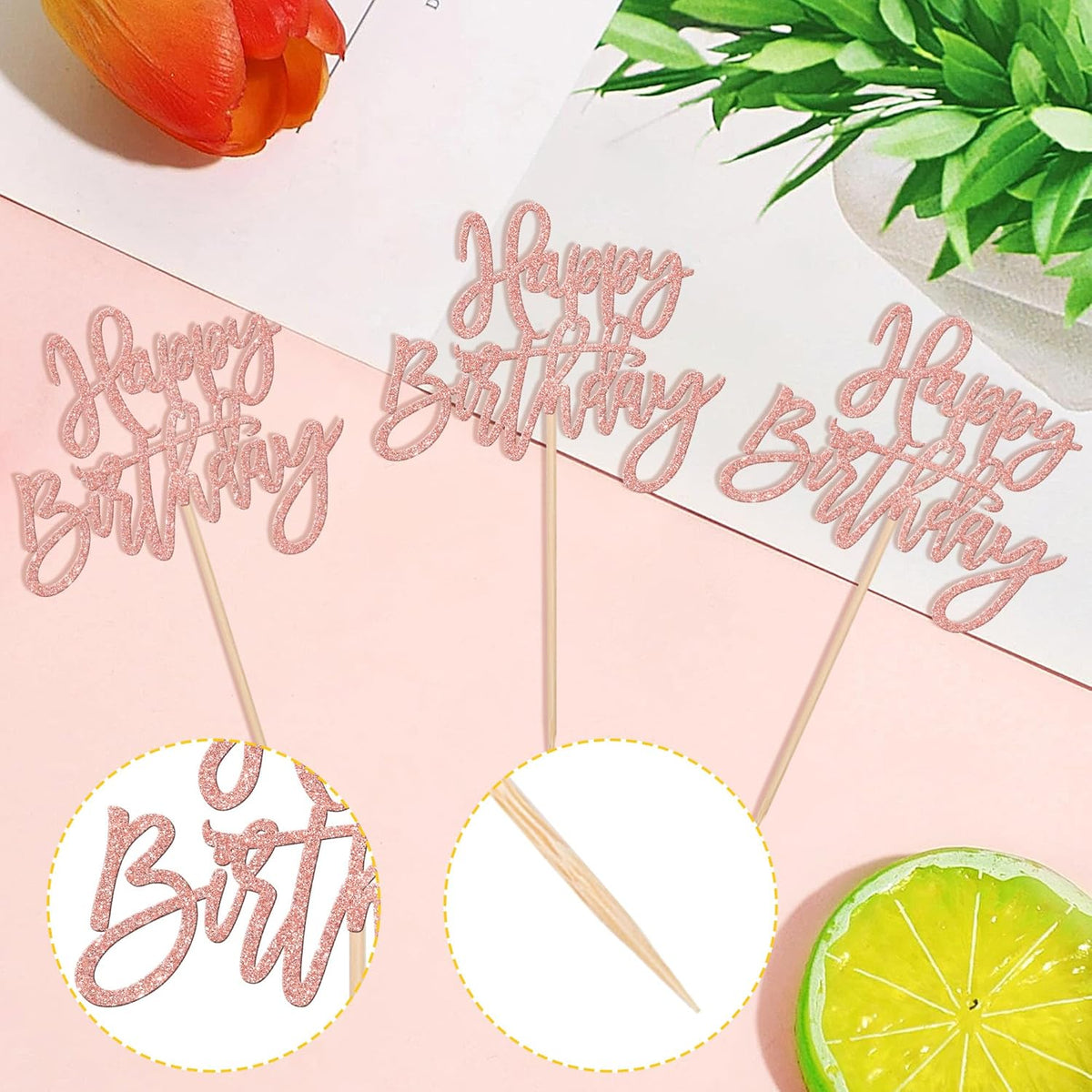 24 PCS Happy Birthday Cupcake Toppers Glitter Picks for Celebrating Anniversary Theme Party Cake