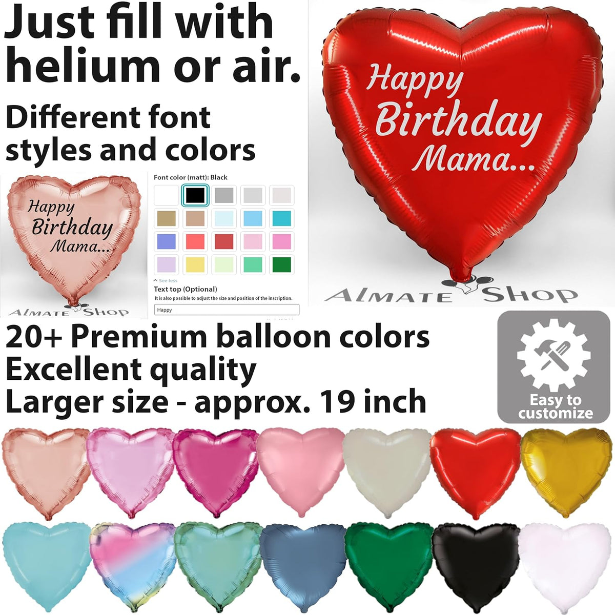 Сustom Balloons Name Personalized foil Balloon Heart 19 inch Satin and Glossy Colors Any Text Gift