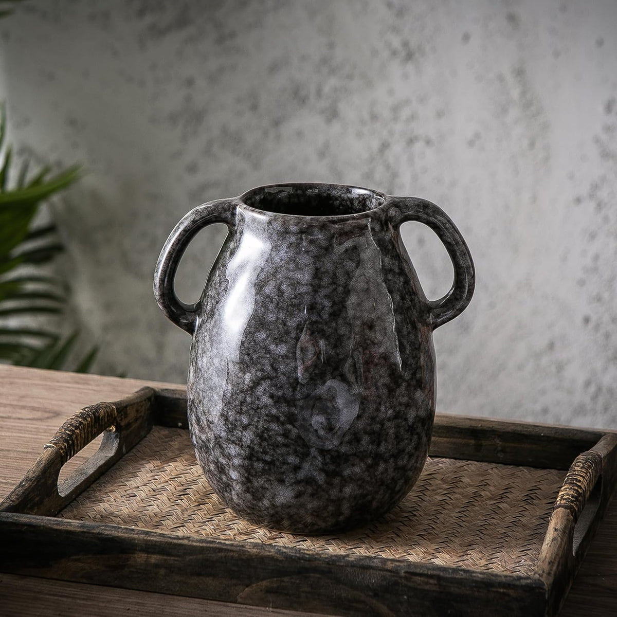 Ceramic Modern Farmhouse Vase with 2 Handles, Black Ceramic Vases for Home Decor, Rustic Pottery