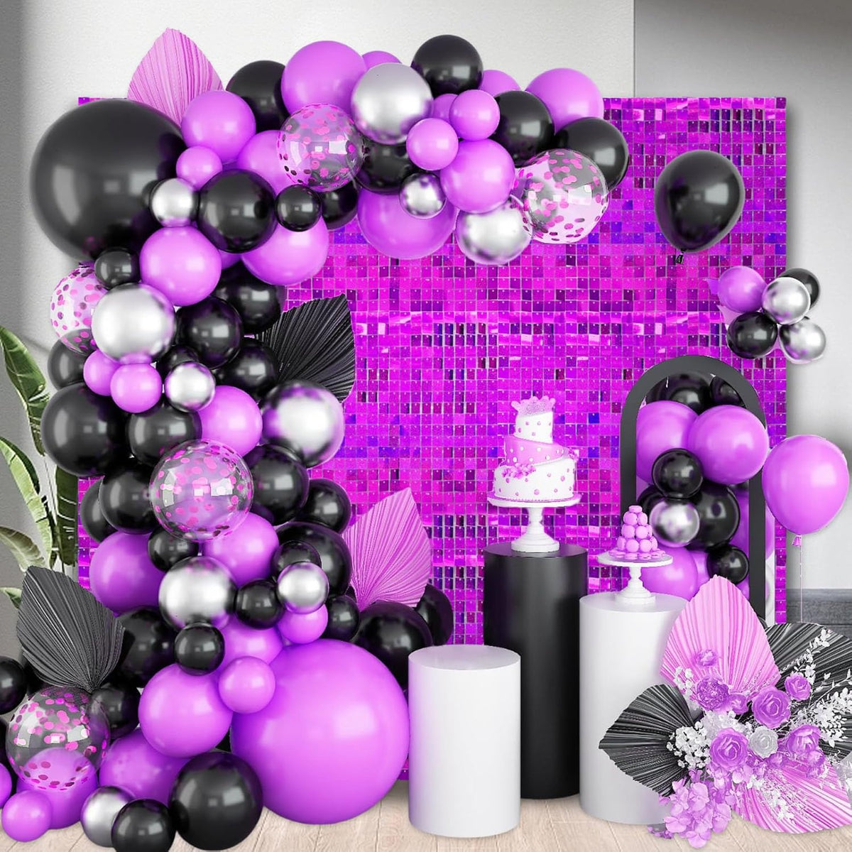 24PCS Purple Shimmer Wall Backdrop, Laser Square Sequin Photo Backdrops Panel, Glitter Wall