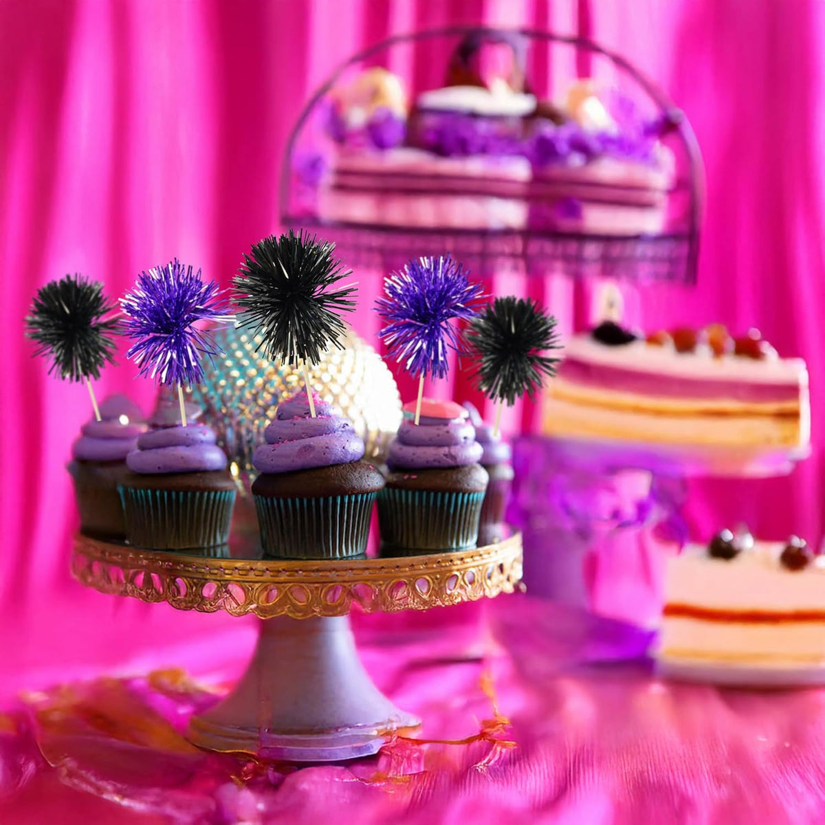 Ephlyn 30Pcs Foil Firework Cupcake Toppers Sparkle Tinsel Cupcake Picks Happy Birthday Cake