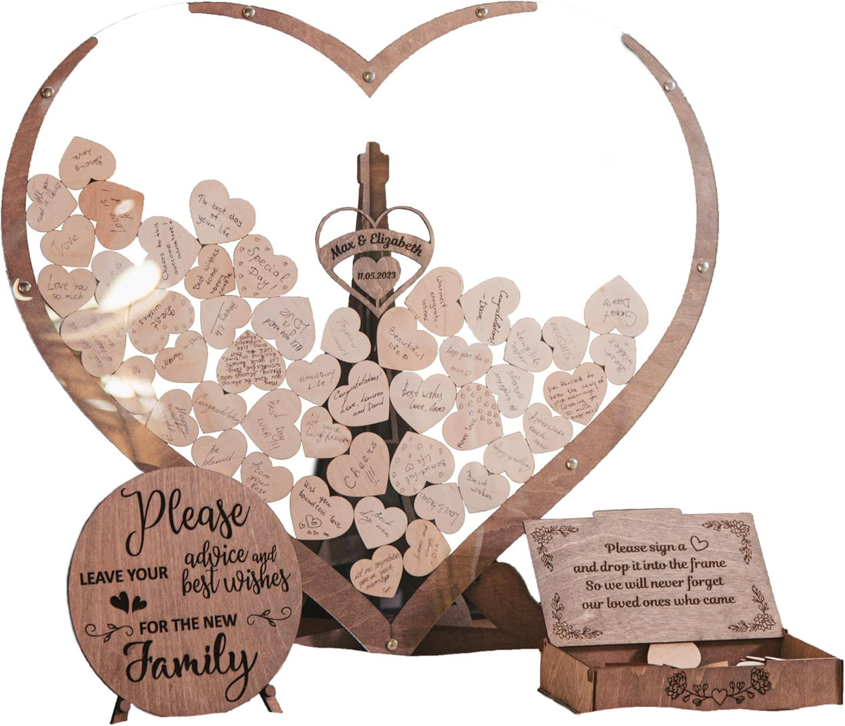 Rustic Personalized Wedding Guest Book: Heart Drop Design, Heart, Circle & Rectangle Frames.