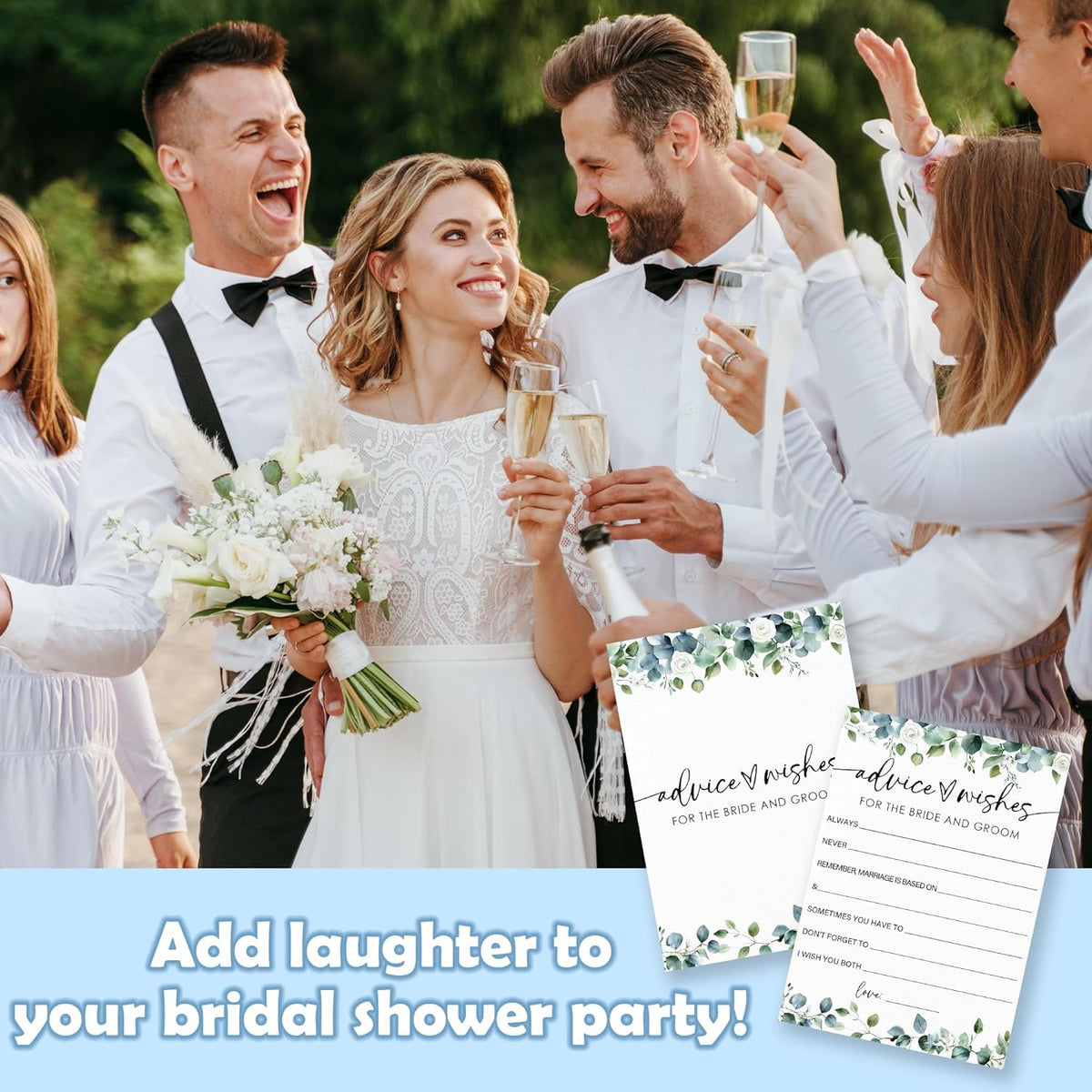 Advice & Wishes - Botanical Bridal Shower Game Cards - 50 Pcs Eucalyptus Leaves Game Cards - Funny