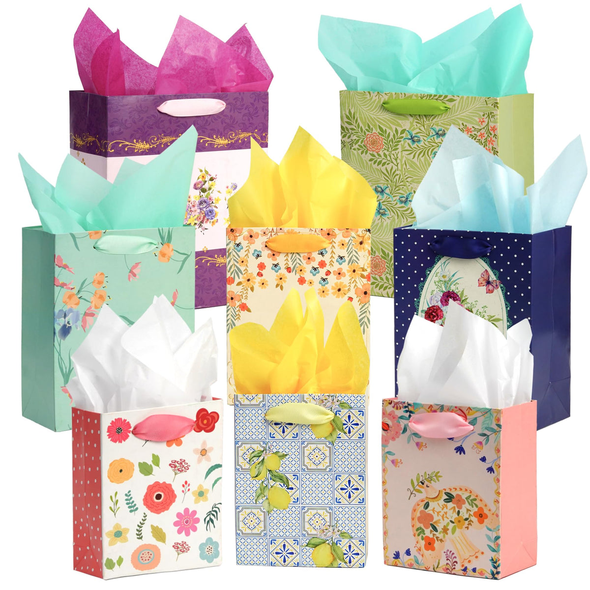 Nihuecne 8 Pack Floral Kraft Gift Bags Assorted Sizes with Tissue Paper