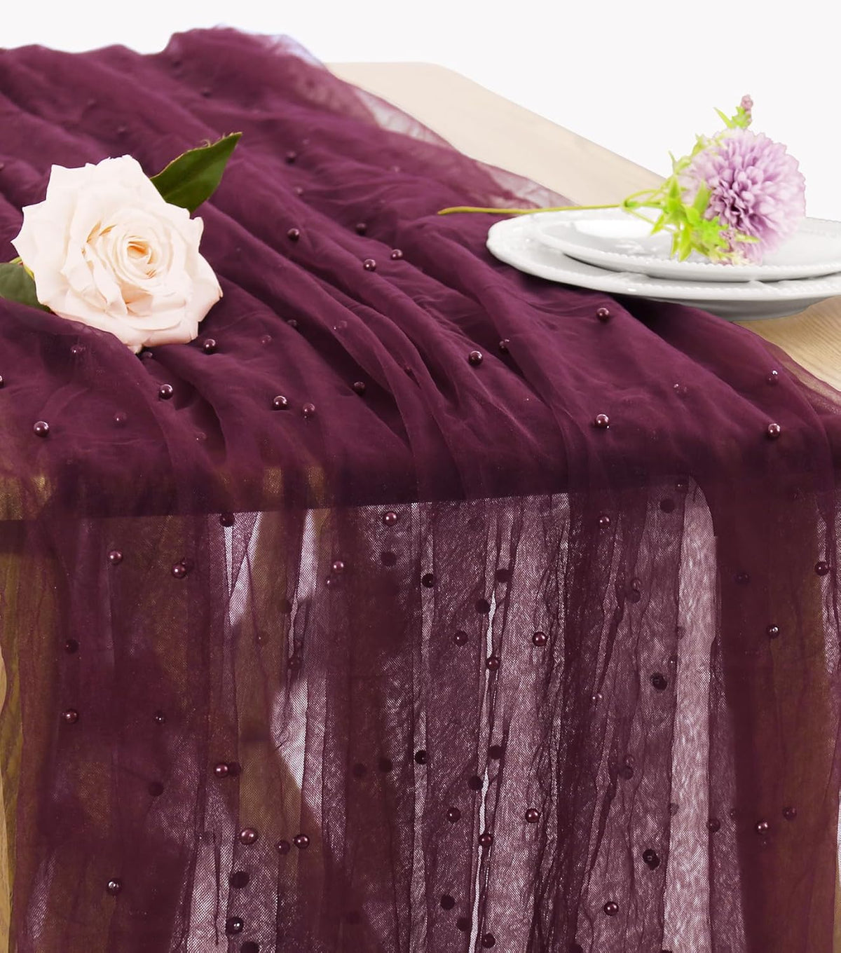 Pearl Table Runner 29 x 120 Inch Tulle Fabric Lace Table Runners Boho Rustic Tablecloth for Bridal