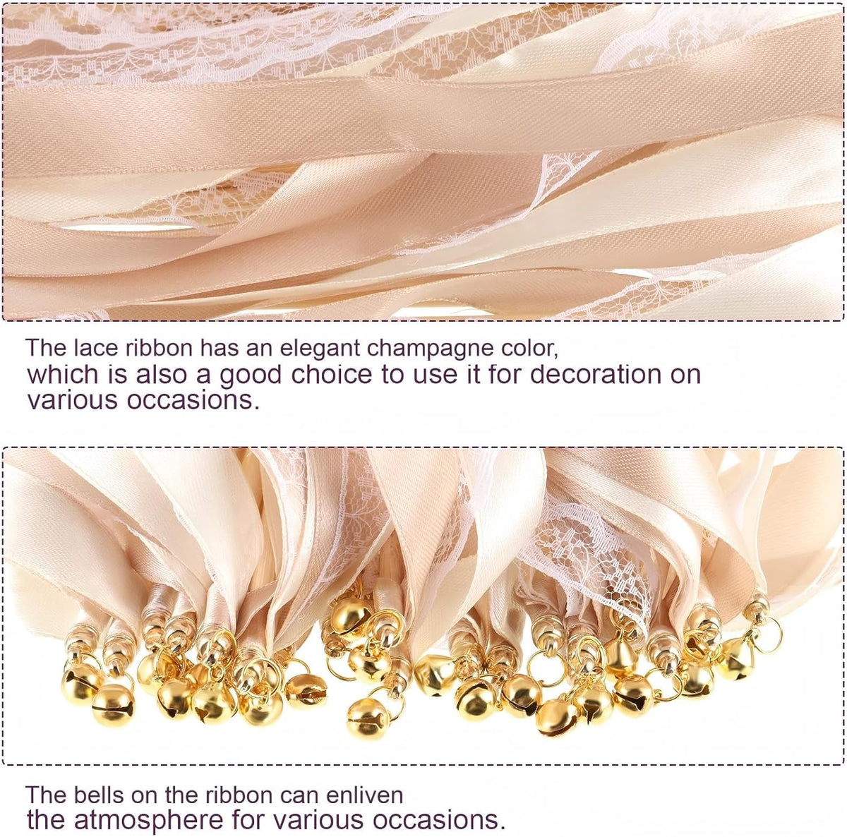 Sumind 40 Pieces Ribbon Wedding Streamers with Bells, Lace Fairy Wand Stick Party Ribbon Streamers