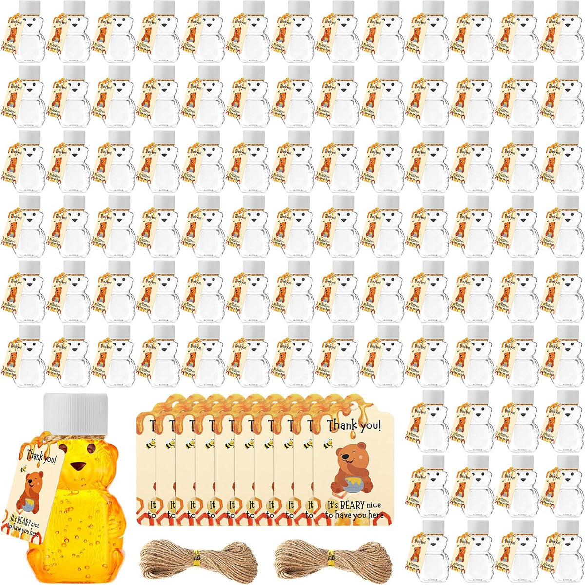 96 Sets 2 oz Plastic Honey Bear Bottle Bear Shape Clear Empty Honey Jar 96 Tags 2 Rolls Jute Rope