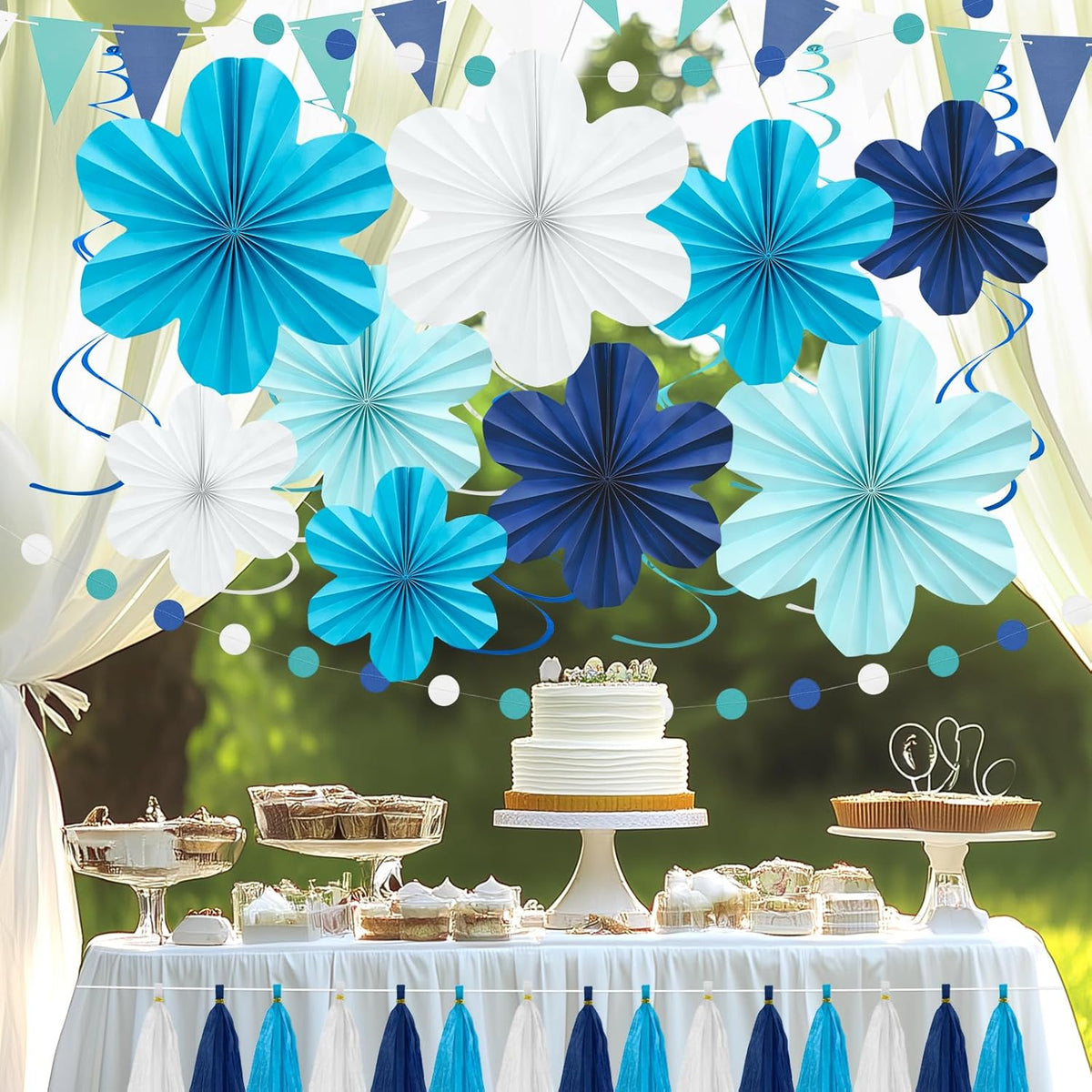 Navy Blue Party Decorations Set, 22 Pcs Hanging Paper Flowers, Tassel Garland & Swirls for