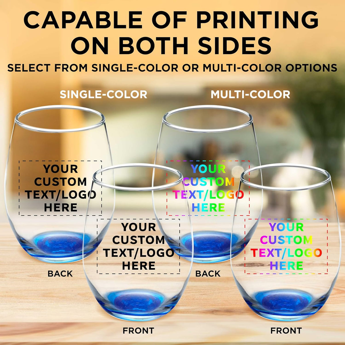 Custom Stemless Wine Glass 9 oz. Set of 100, Personalized Bulk Pack - Great for Wedding Favors