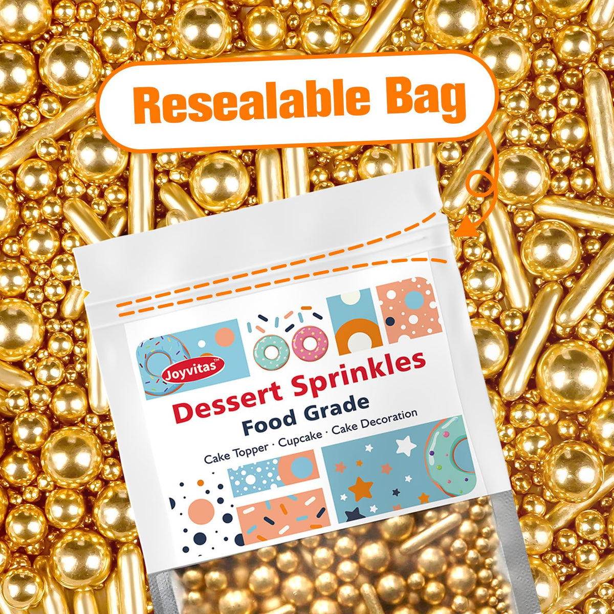 Gold Pearl Rods Sprinkles for Cake Decorating, Edible Sugar Pearls Rods Candy, 150g/5.29oz, Mix