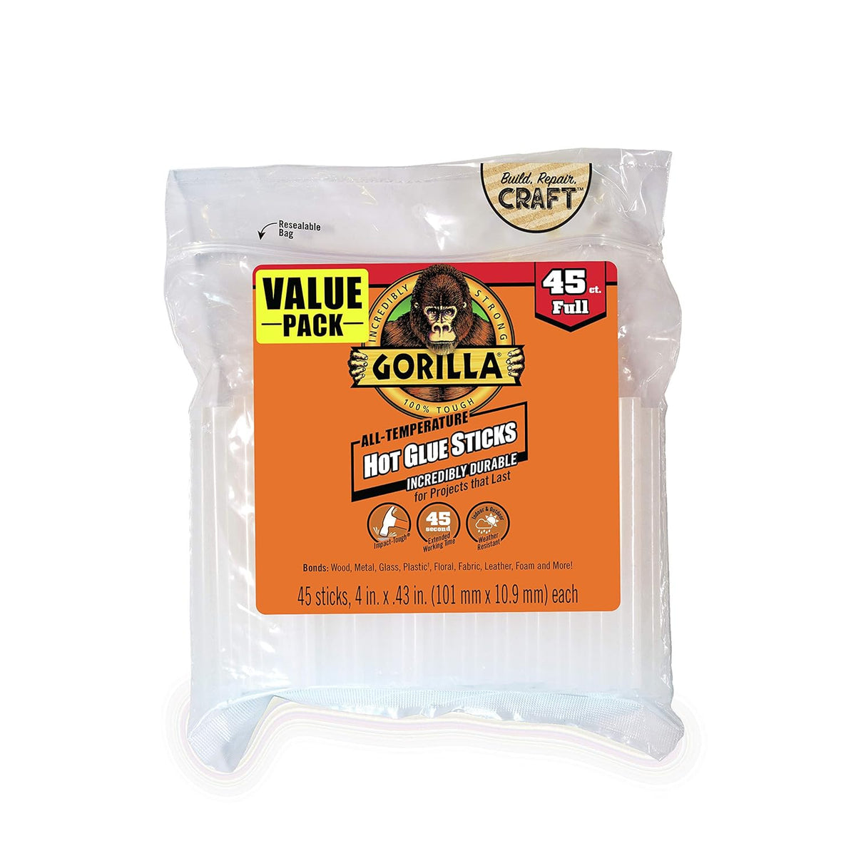 Gorilla Hot Glue Sticks, Clear Glue, Full Size 4" Long x 0.43" Diameter, 45 Count (Pack of 4)