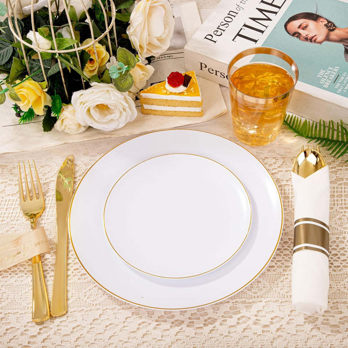 KIRE 350 PCS White and Gold Plates Disposable - Elegant Dinnerware Set of 50 Guest, White Plastic
