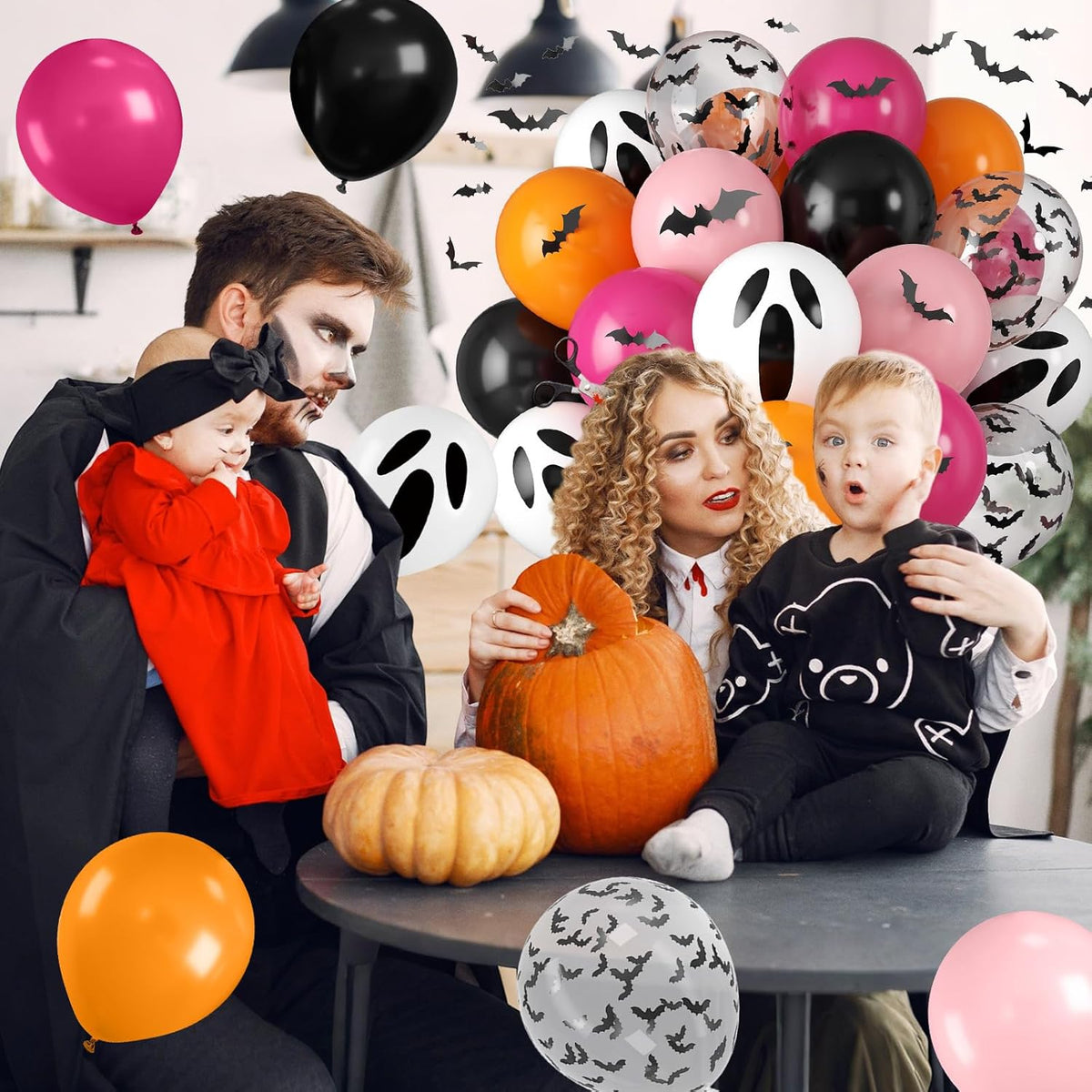 Orange Pink Halloween Balloons, 12 Inch Ghost Balloons, Black Orange and Hot Pink Latex Balloon