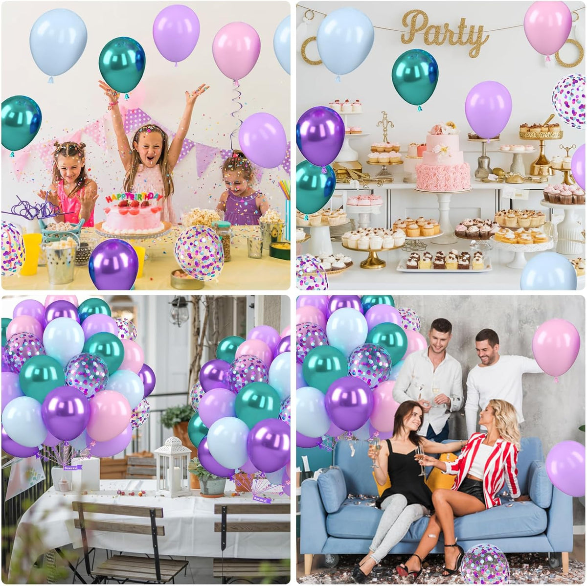 Mermaid Balloons, 12 Inch Pastel Purple and Teal Balloons, Pink Metallic Teal Purple Confetti