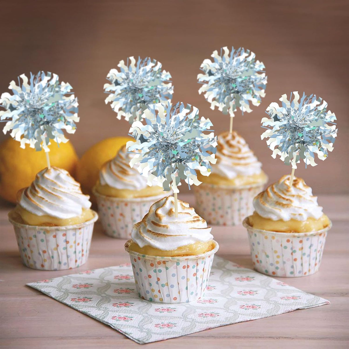 Ephlyn 30Pcs Foil Firework Cupcake Toppers Happy Birthday Cake Toppers Tinsel Flower Drink Stirrers