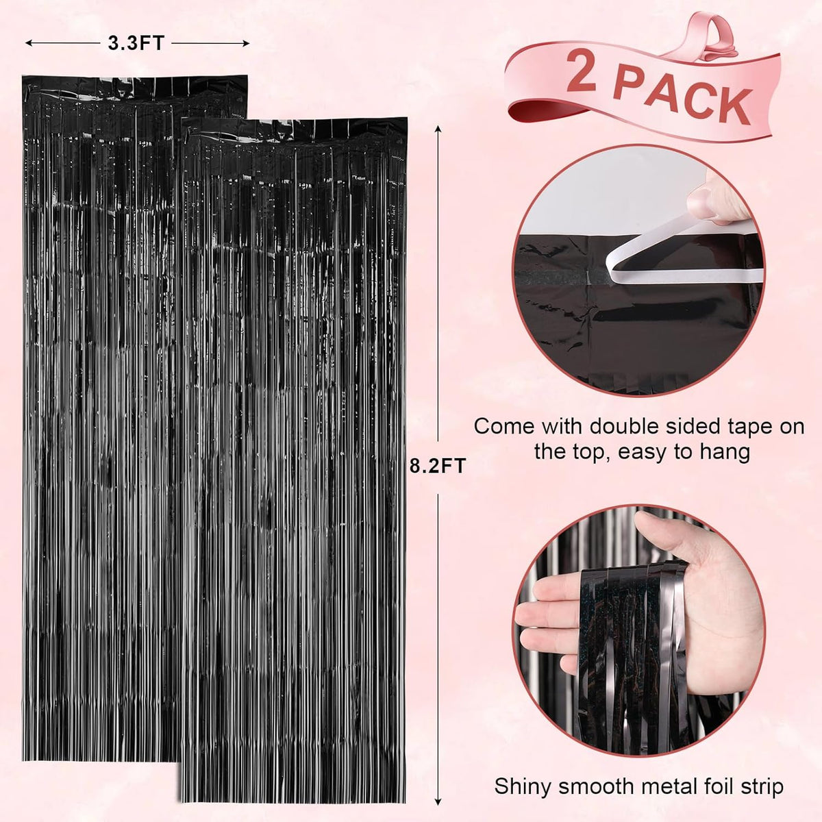 2 Pack Laser Black Foil Fringe Backdrop Curtains, Tinsel Streamers Birthday Party Decorations