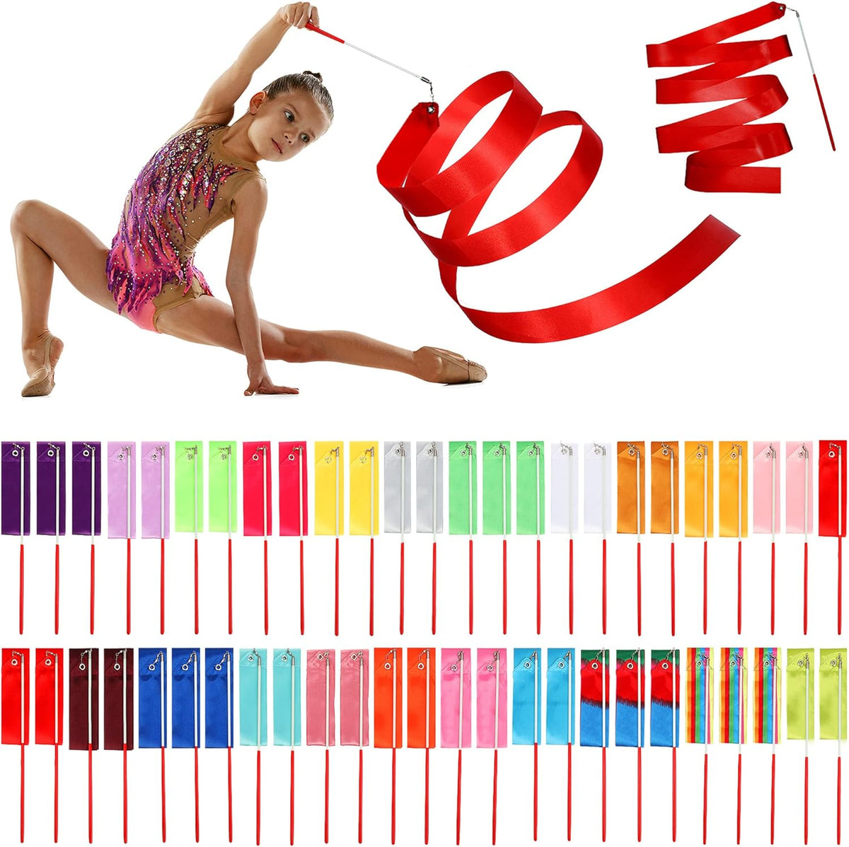 Yilloog 50 Pcs Ribbon Dancing Wands Party Favors, 78.7 Inch Artistic Gymnastics Ribbon Streamers