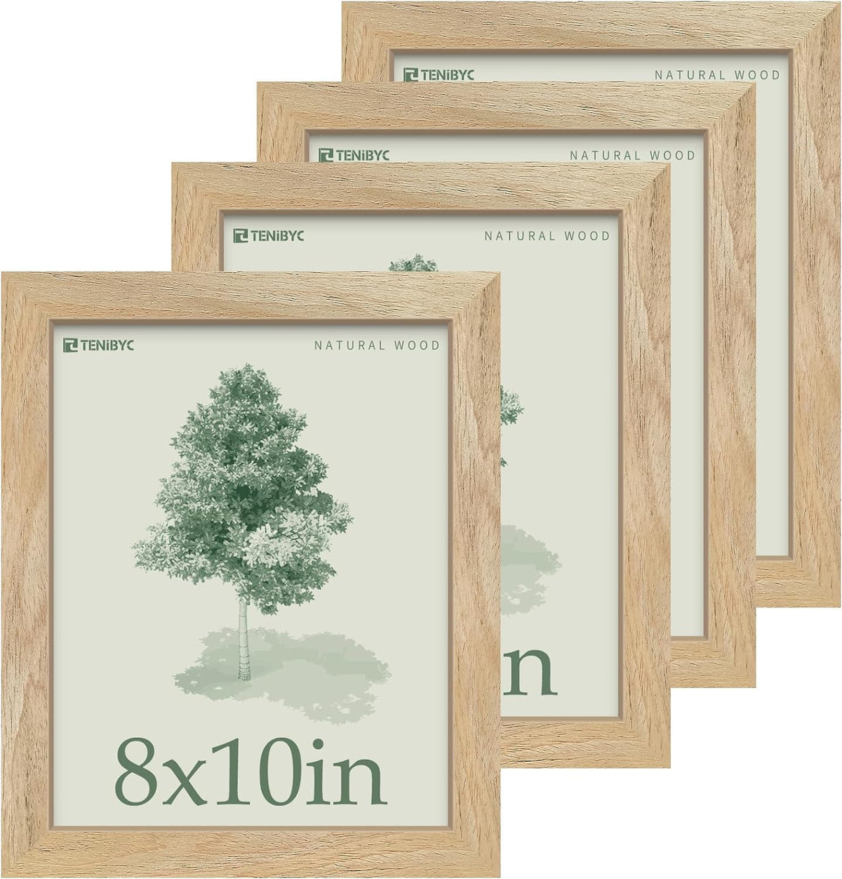 8x10 Picture Frame 4 Pack, Textured Natural Wood, HD Tempered Glass, Gallery Photo Frame, Table or