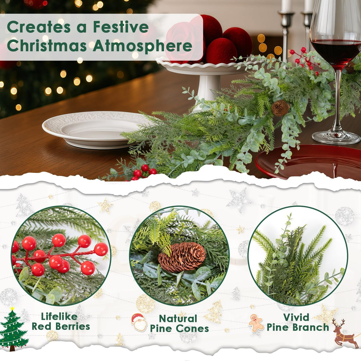 9FT Christmas Garland Norfolk Pine Tree Artificial Cedar Eucalyptus Greenery, Realistic Pine