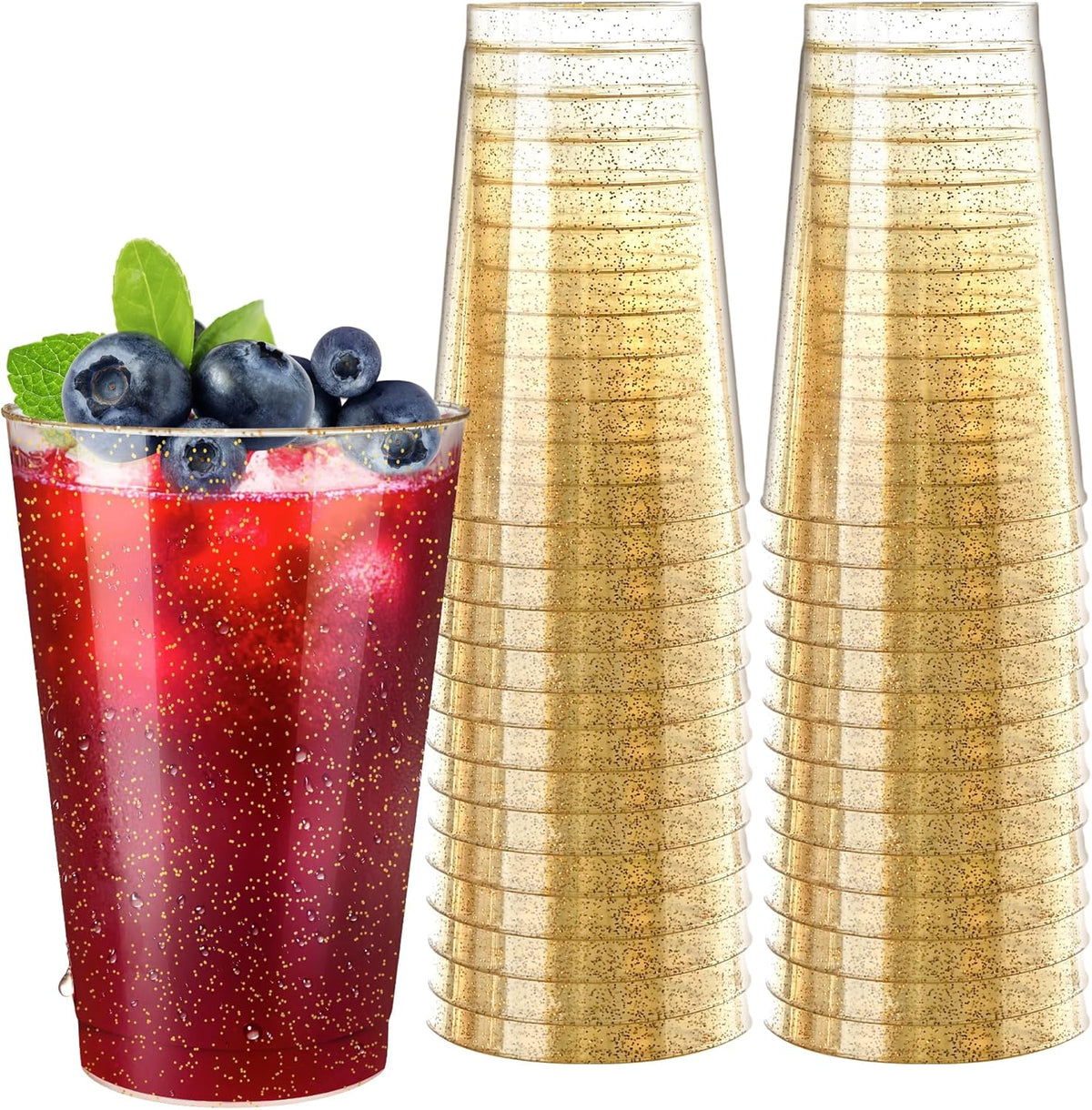 [100 Pack] 12oz Plastic Cups with Gold Glitter Sturdy & Food Safe Plastic Wine Glasses Disposable