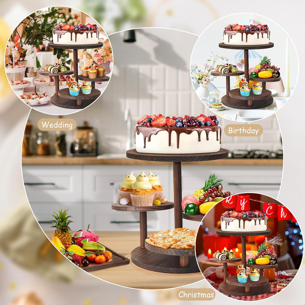 LARDUX Wooden Dessert Table Display Set - 4 Tier Cupcake Stand, 3 Tier Dessert Stand, 2Pcs Round