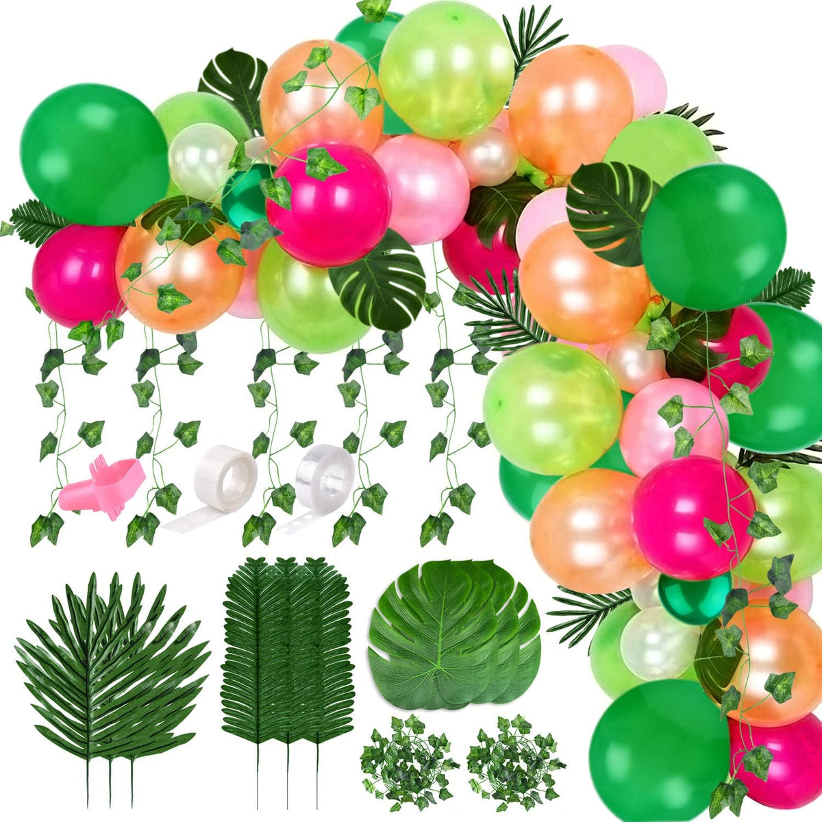 FEPITO 124Pcs Tropical Balloons Garland Kit - Pink Green Balloon Arch With Palm Leaves, Tape Strip