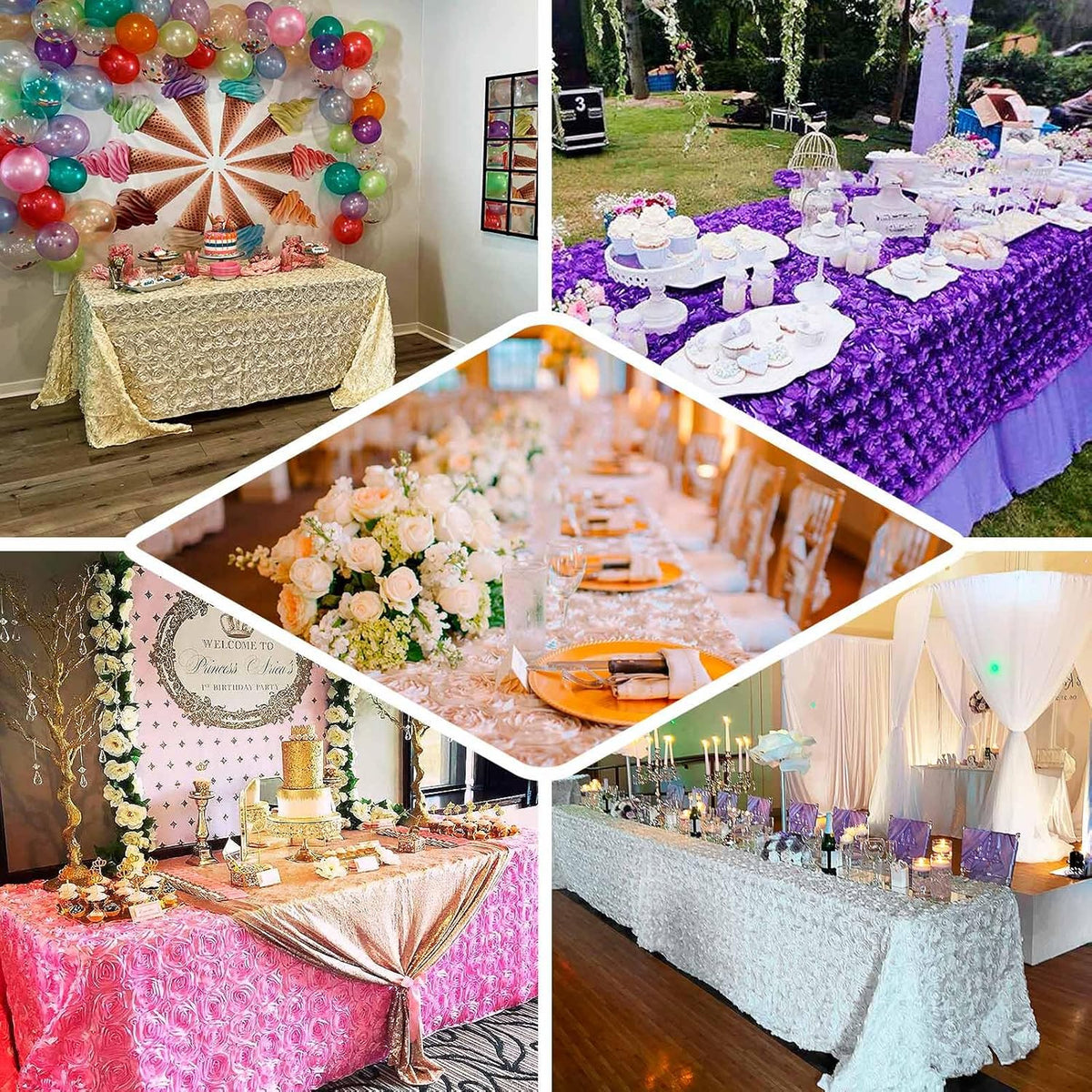 Efavormart 90"x132" Wholesale Rectangle Table Cover Fushia Grandiose Rosette 3D Satin Tablecloth
