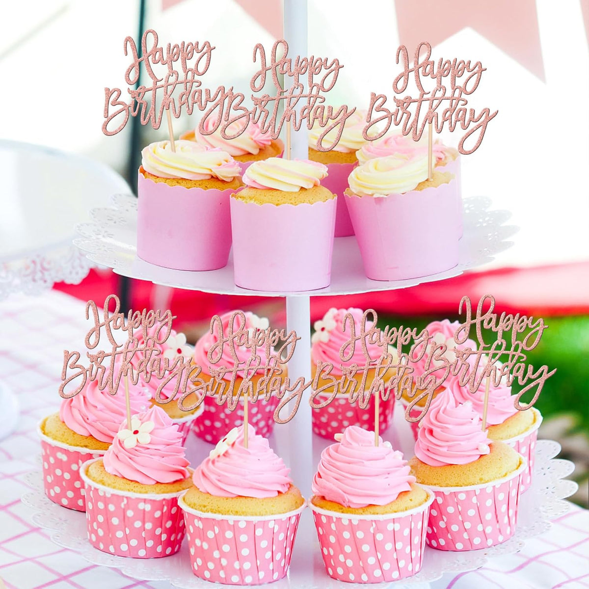 24 PCS Happy Birthday Cupcake Toppers Glitter Picks for Celebrating Anniversary Theme Party Cake