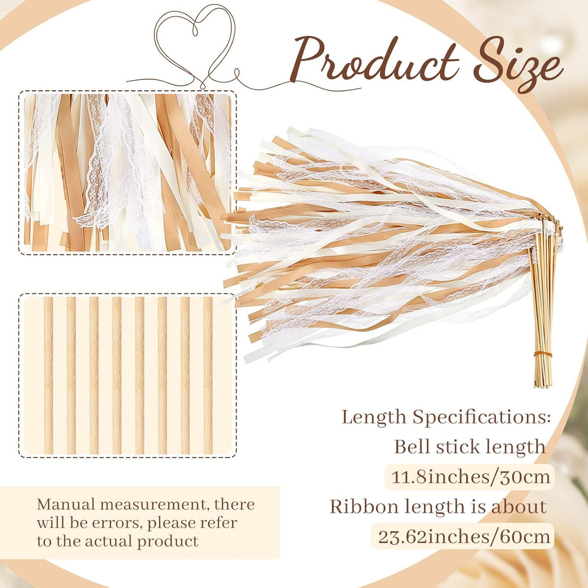 Taiyin 150 Pcs Lace Ribbon Stick Wands Wedding Wand Streamers with Bell Silk Ribbon Fairy Wand