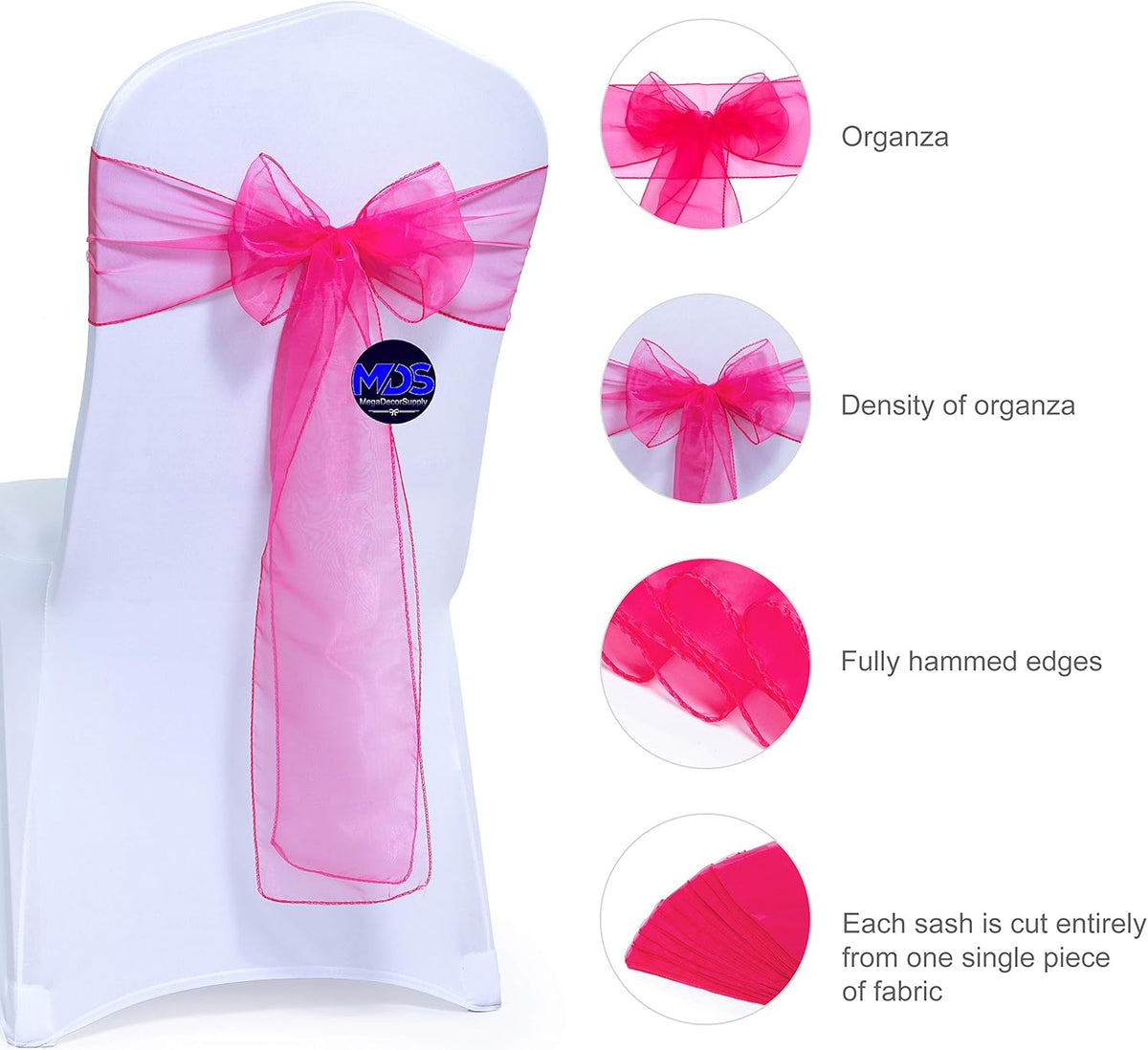 MDS Pack of 200 PCS Organza Chair Sashes Wider Dining Chair Bows Ribbon Tie Back for Wedding Party