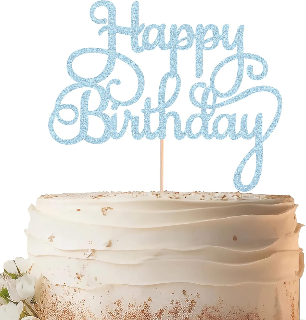 Happy Birthday Cake Topper - Light Blue Glitter Birthday Party Cake Decoration Supplies - Happy