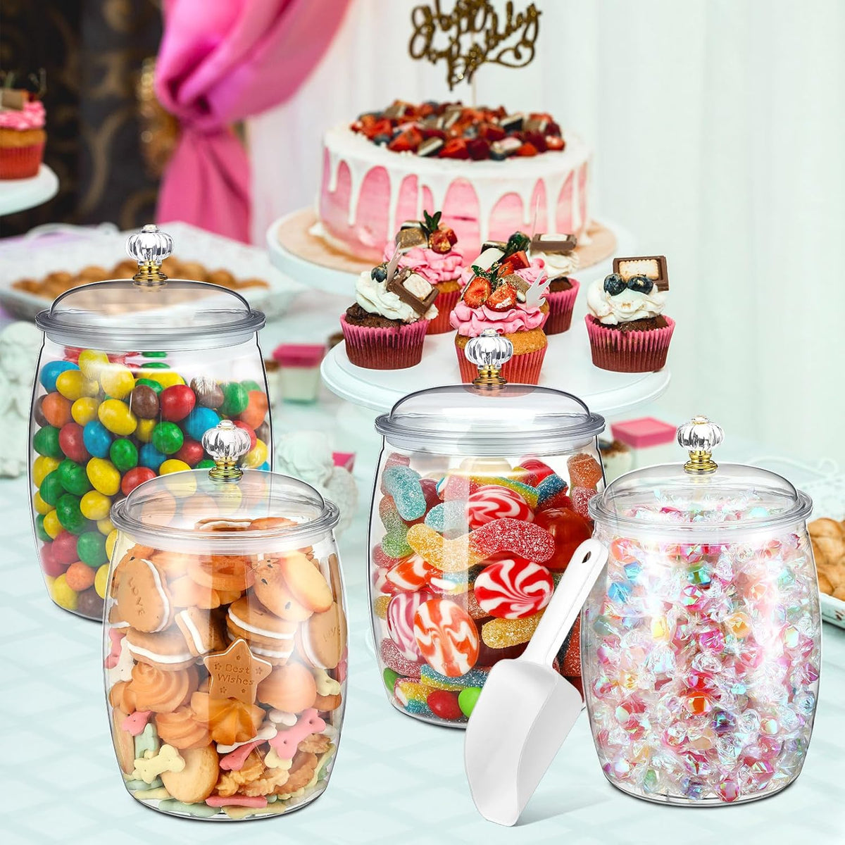Nuogo 4 Pcs Plastic Candy and Cookie Jars with Lids Clear Cookie Container Candy Jars Large