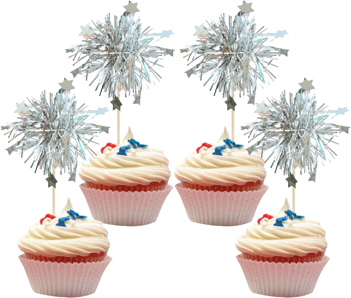 Gyufise 30Pcs Foil Firework Cupcake Toppers Sparkle Tinsel Star Cake Toppers Tinsel Drink Cake