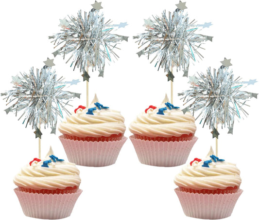 Gyufise 30Pcs Foil Firework Cupcake Toppers Sparkle Tinsel Star Cake Toppers Tinsel Drink Cake