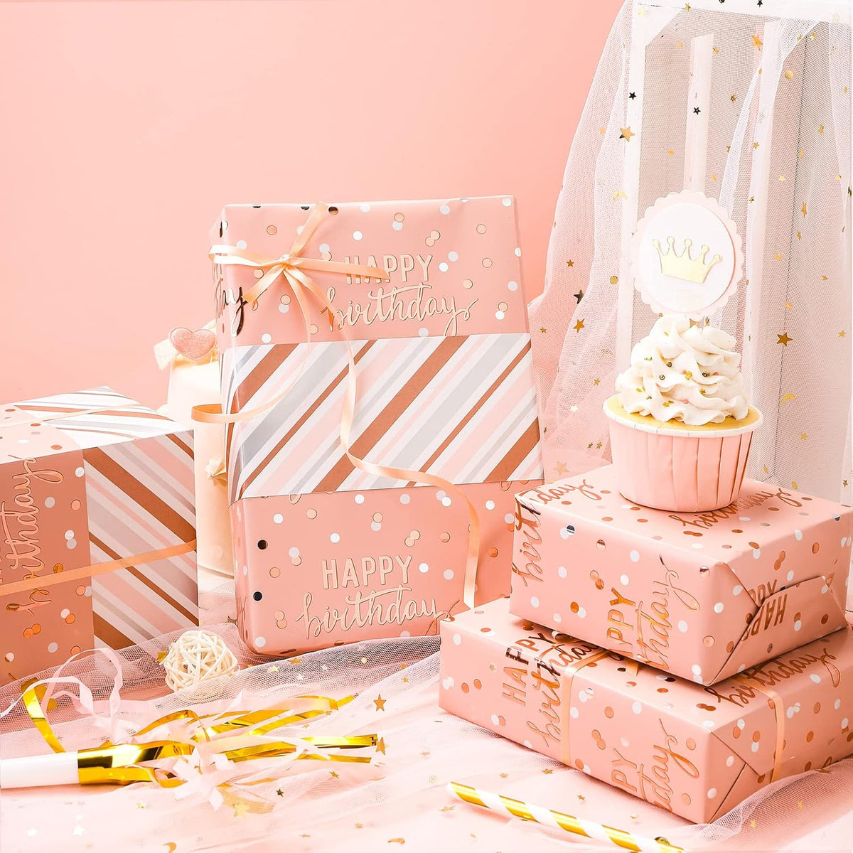 LeZakaa Reversible Pink Birthday Wrapping Paper Roll for Girls Women, Happy Birthday Lettering &